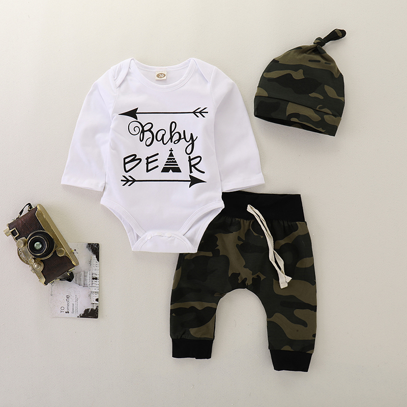 

3-piece Letter Bodysuit Camouflage Pants and Hat Set for Baby Boy
