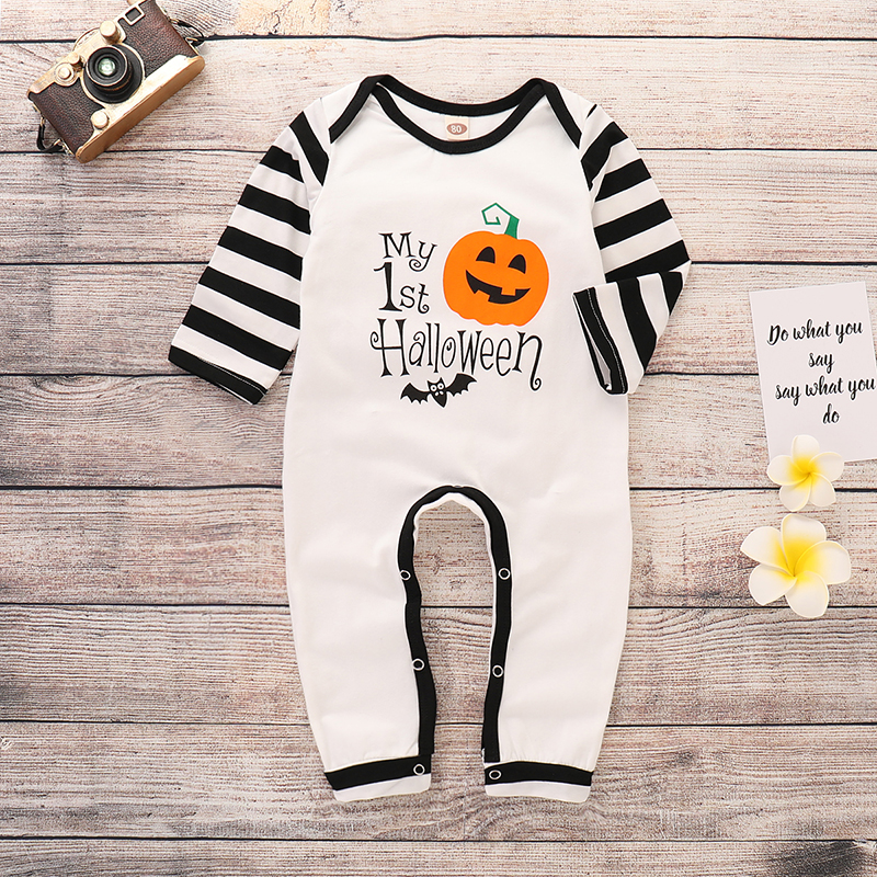 

Stylish Halloween Graphic Print Striped Long-sleeve Jumpsuit in White for Baby