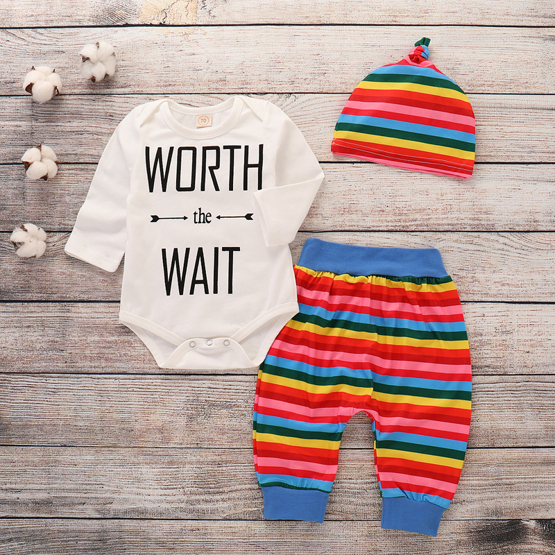 

3-piece Trendy Letter Print Long-sleeve Romper, Striped Pants and Hat Set for Baby Boy