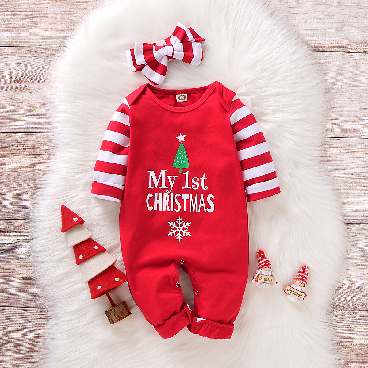 Stylish "My 1st Christmas" Print Striped Jumpsuit and Headband