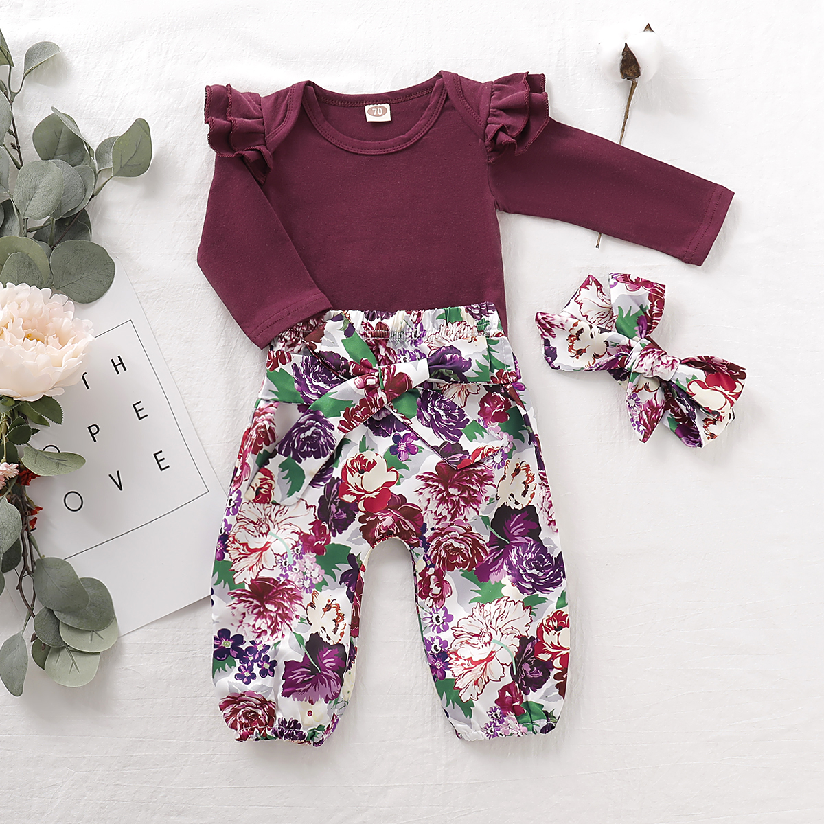 

Trendy Solid Long-sleeve Romper, Floral Pants and Headband Set