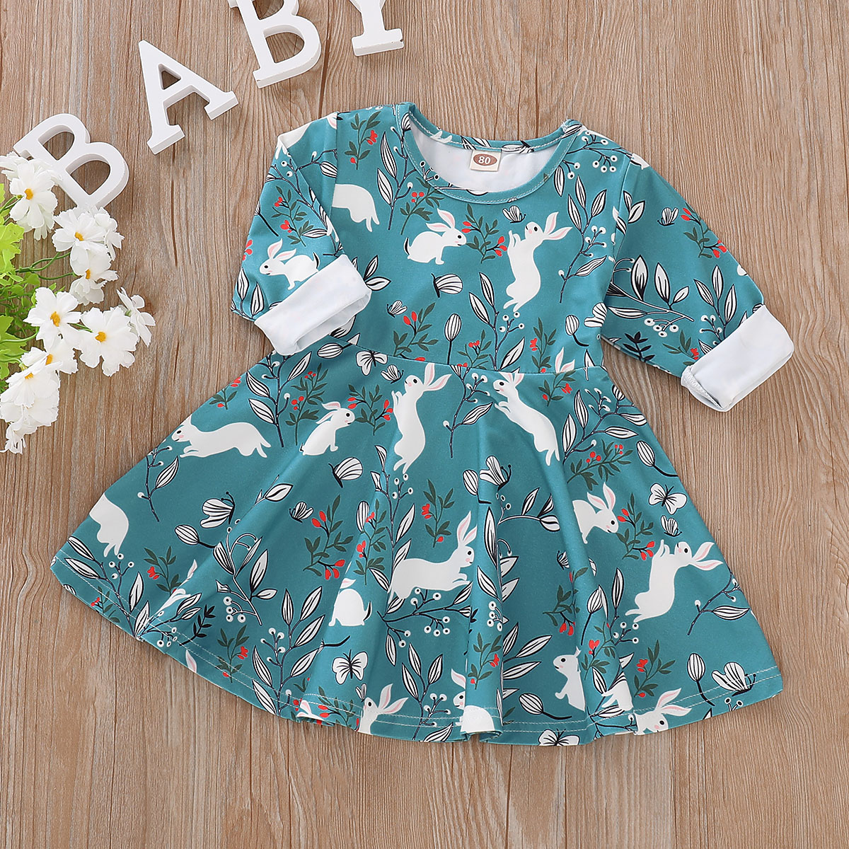 

Lovely Rabbit and Flower Allover Long-sleeve Dress in Blue