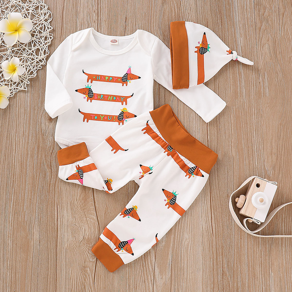 

Lovely Dachshund Print Romper, Pants and Hat Set