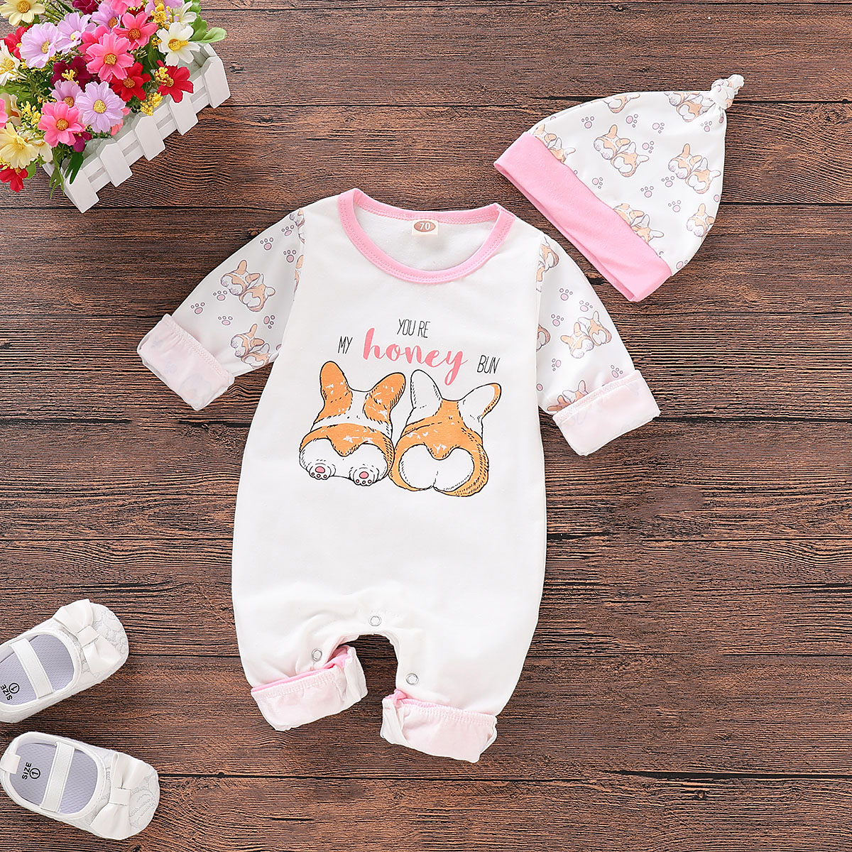 

Cute Corgi Print Long-sleeve Jumpsuit and Hat Set