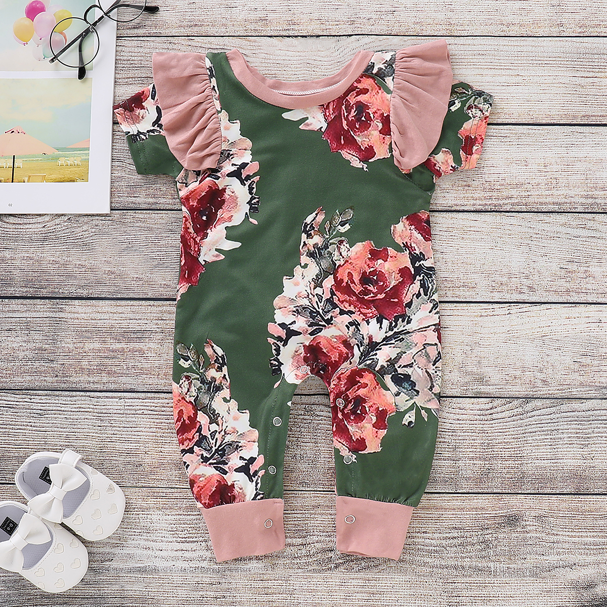 

Red Flower Pattern Ruffle-sleeve Jumpsuit