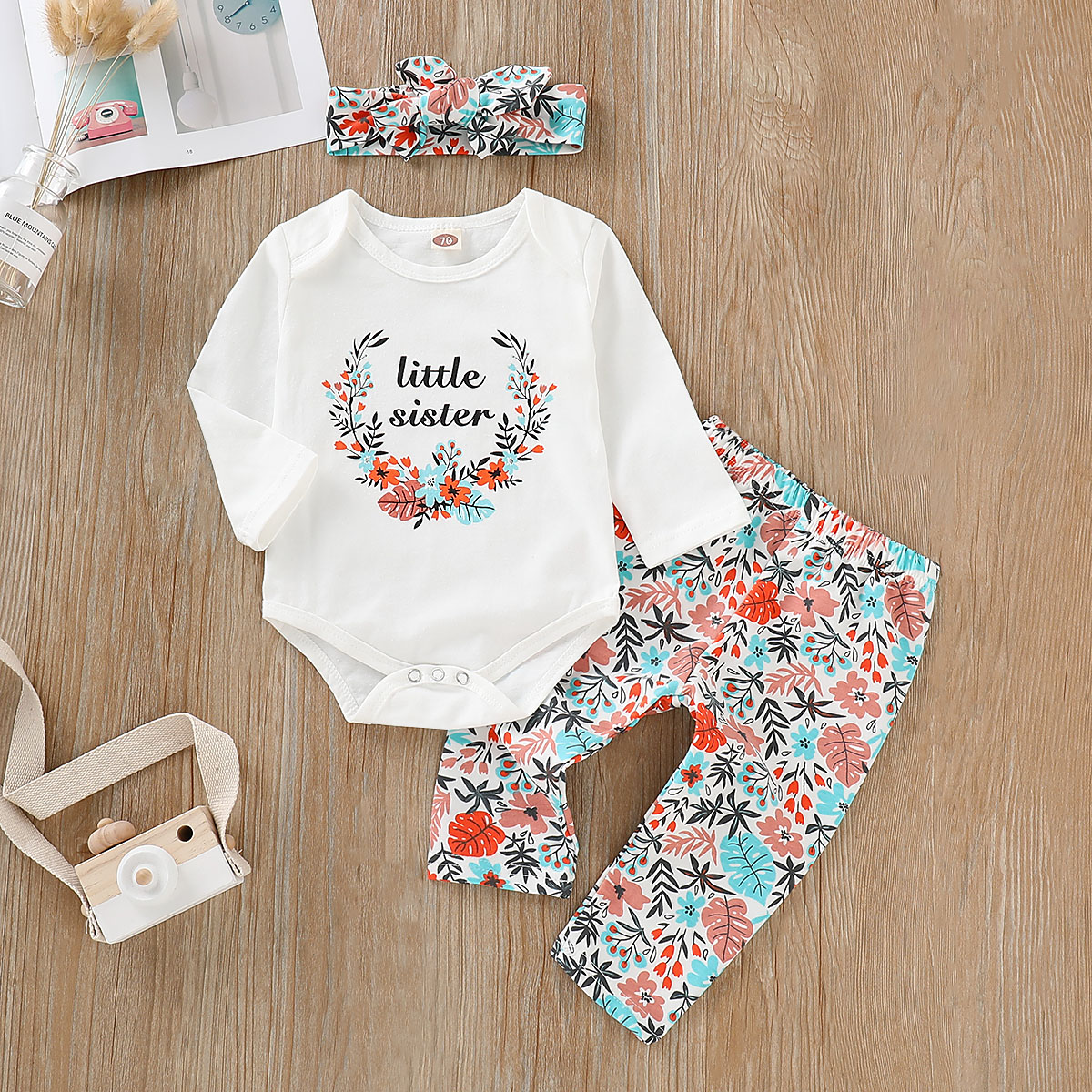 

3-piece Sweet Floral Letter Bodysuit, Pants and Bow Decor Headband Set