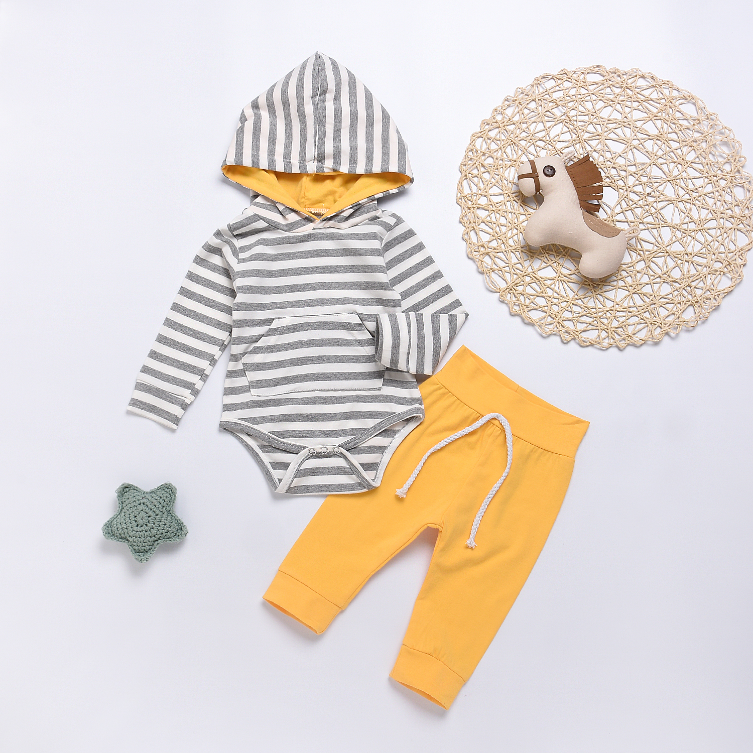 

Baby Boy Striped Hooded Bodysuit and Yellow Pants Set