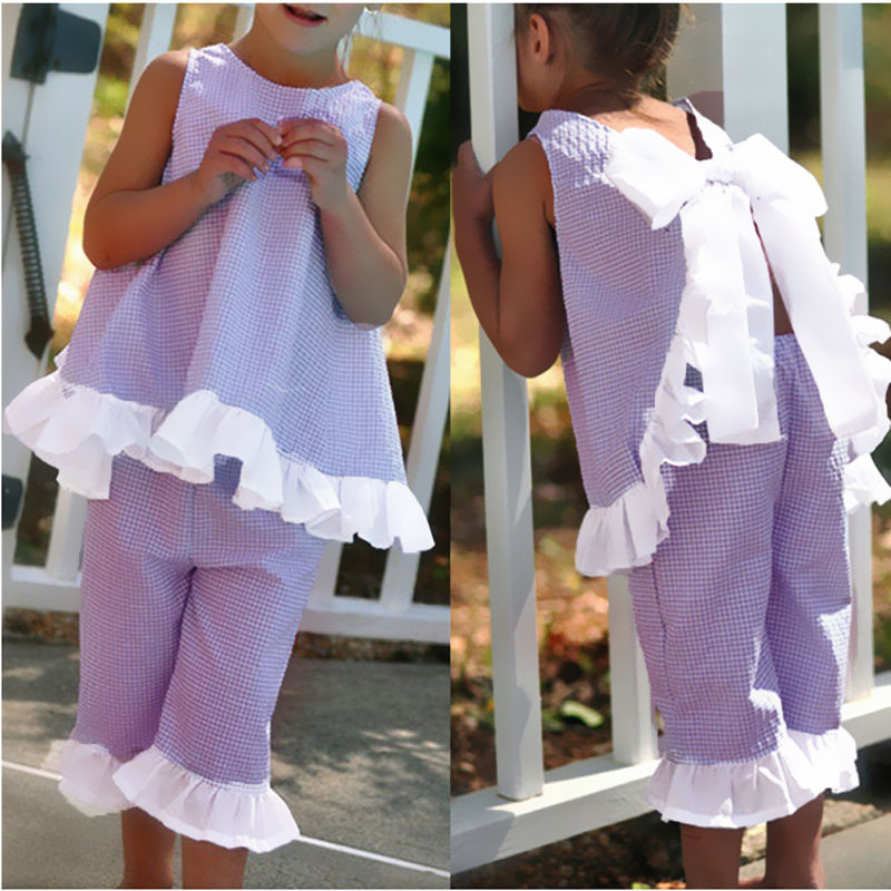 

Toddler / Girl Plaid Bow Decor Ruffled Top and Shorts Set