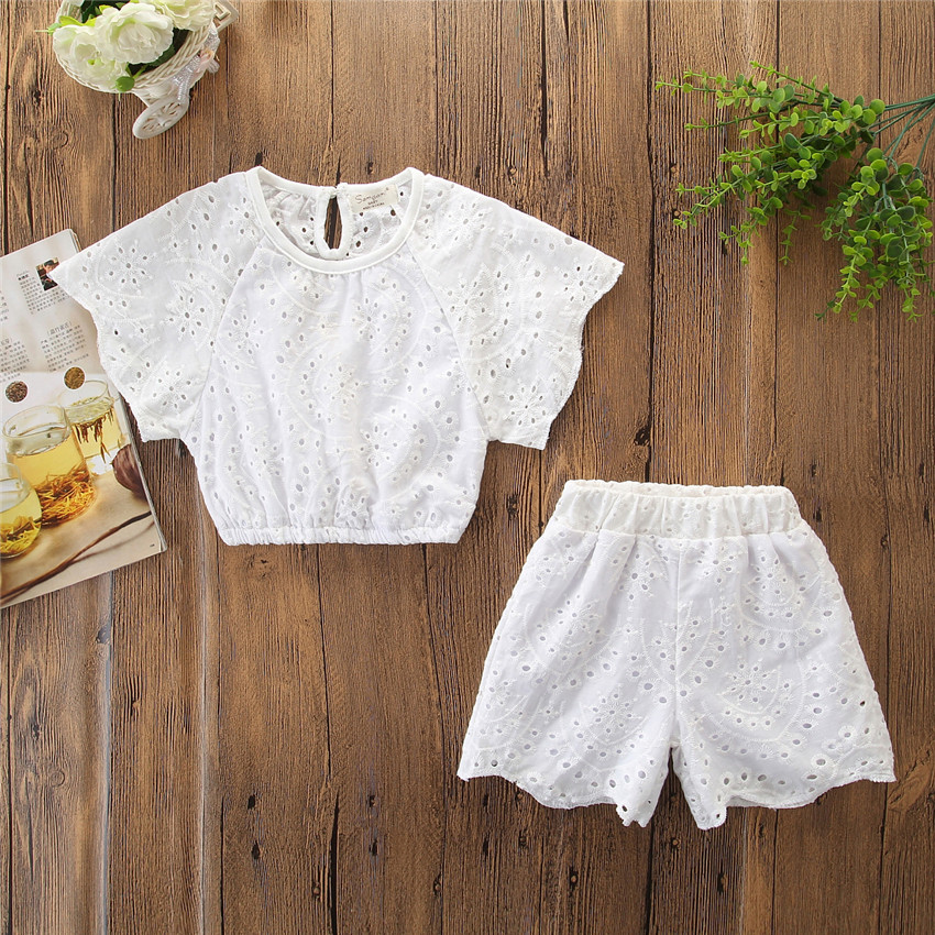 

Toddler / Girl Lace Hollow Out Crop Top and Shorts Set