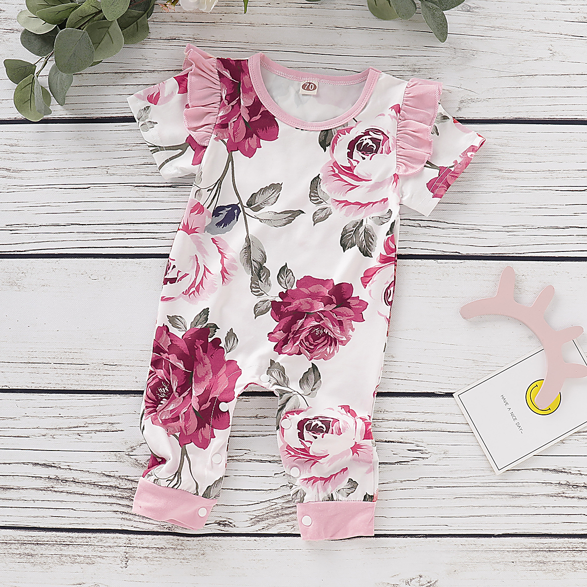 

Floral Print Ruffle Decor Short-sleeve Baby Jumpsuit