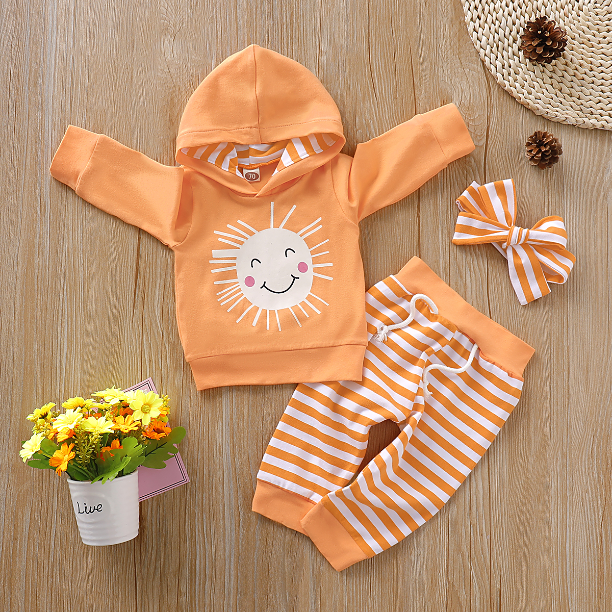 

3-piece Baby Girl Sun Print Hoodie and Striped Pants with Headband Set