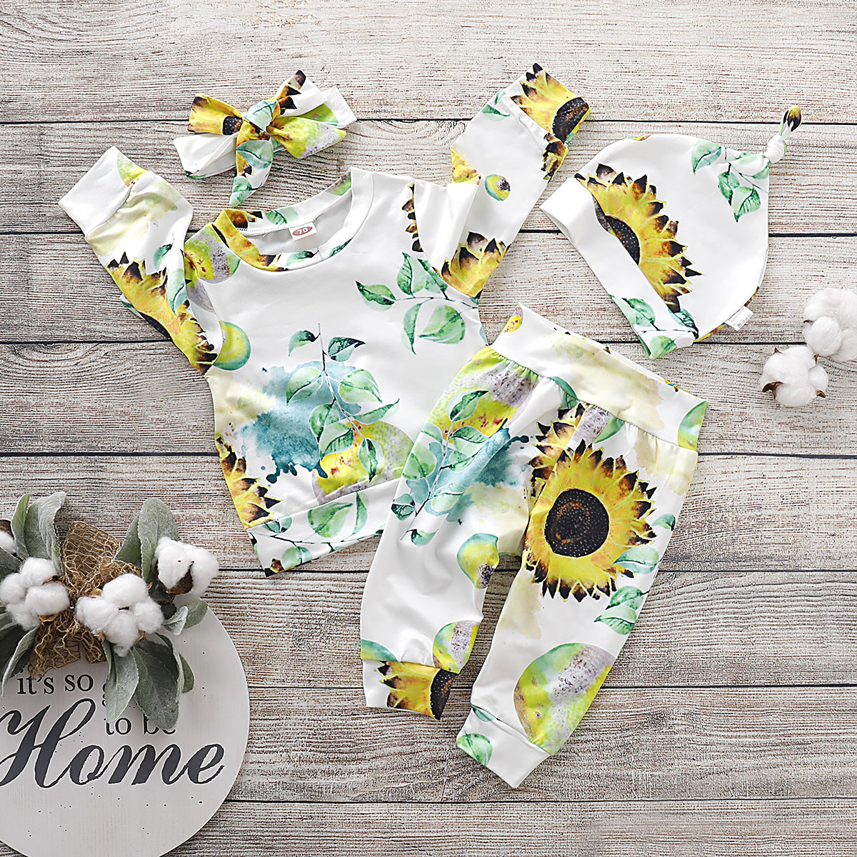 

4-piece Baby Girl Stylish Sunflower Print Long-sleeve Tee, Pants and Hat with Headband Set