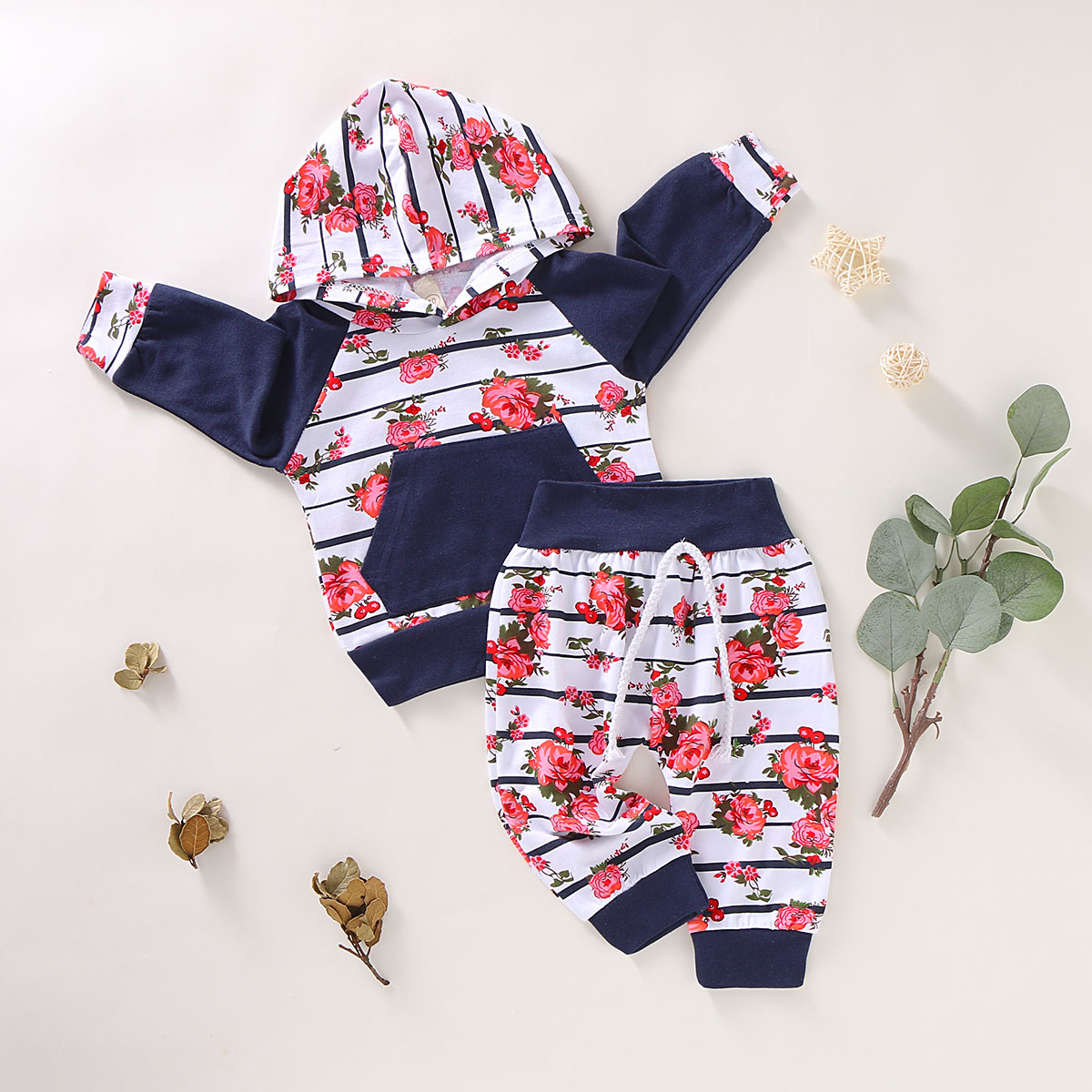 

Baby Girl Floral Print Striped Long-sleeve Hoodie and Pants Set