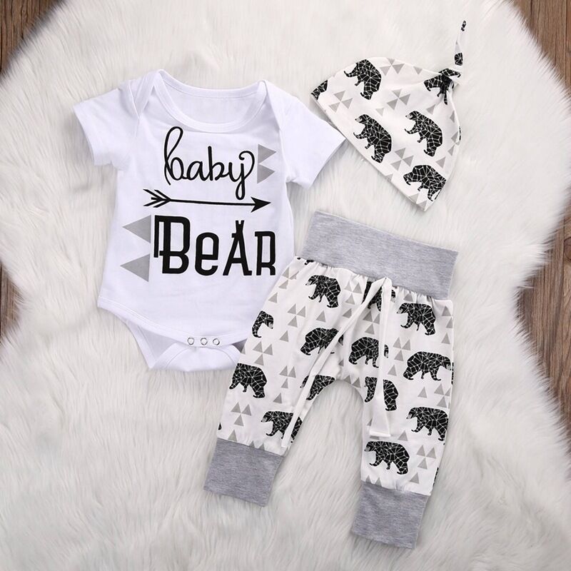 

3-piece Baby Boy / Girl BABY BEAR Print Bodysuit and Pants with Hat Set