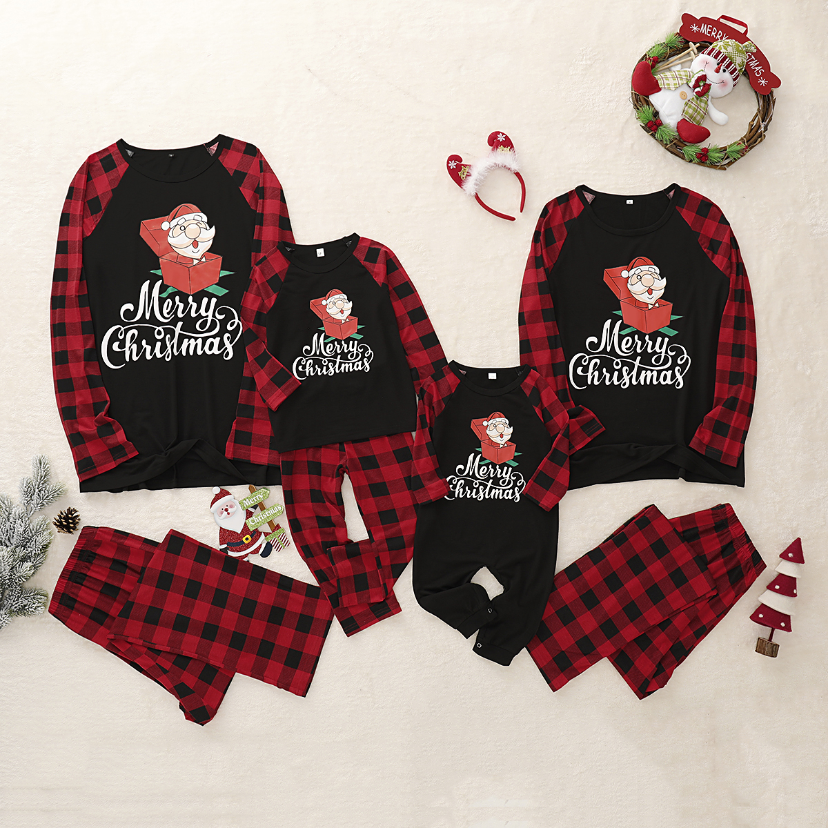

Mosaic Family Matching Santa in Gift Box Plaid Christmas Pajamas Set