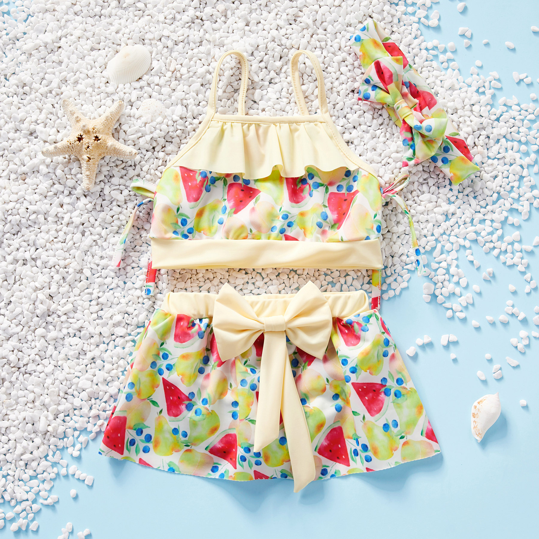 

3-piece Baby / Toddler Girl Colorblock Fruit Print Top and Bottom with Headband Tankini Set
