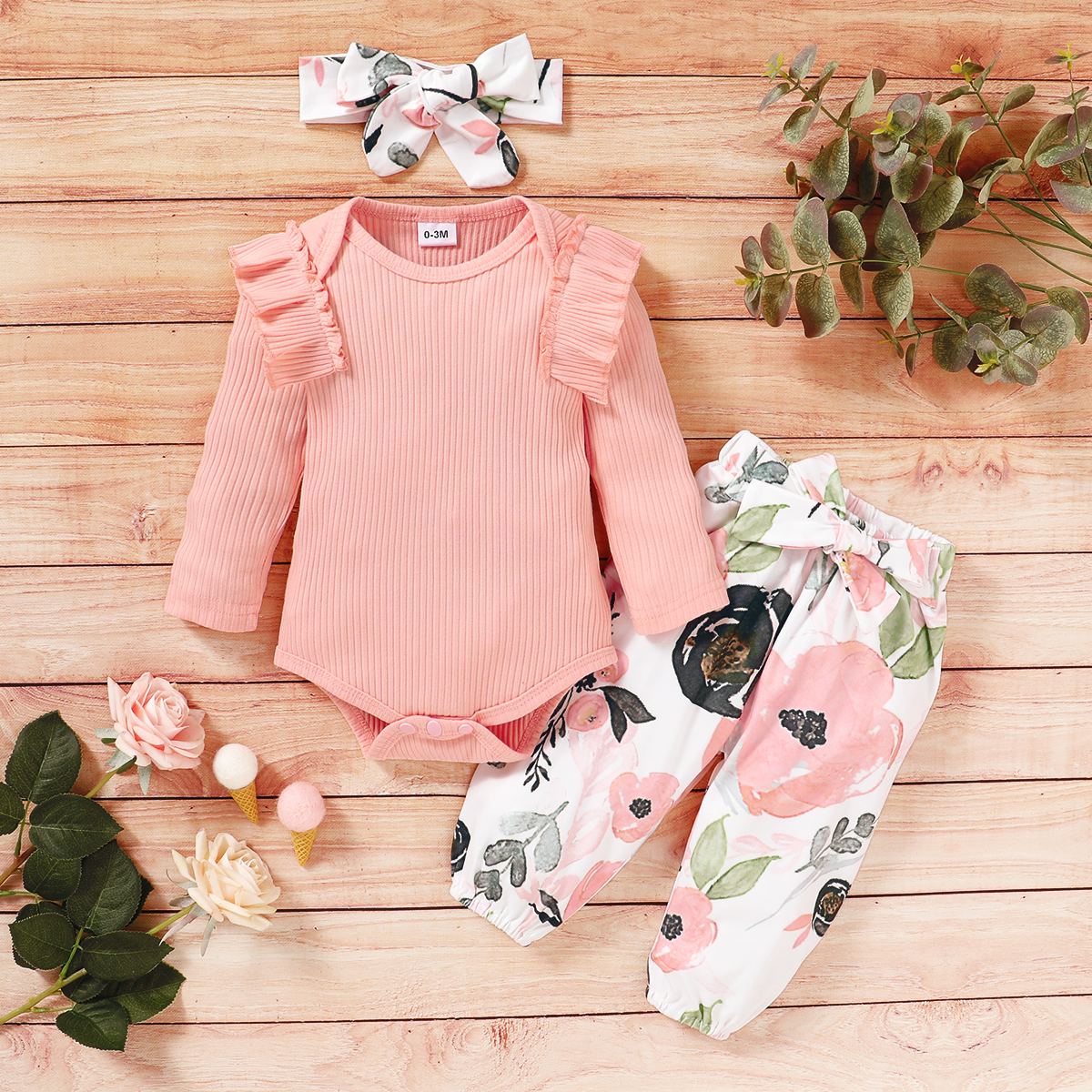 

3-piece Solid Bodysuit and Allover Pants Set