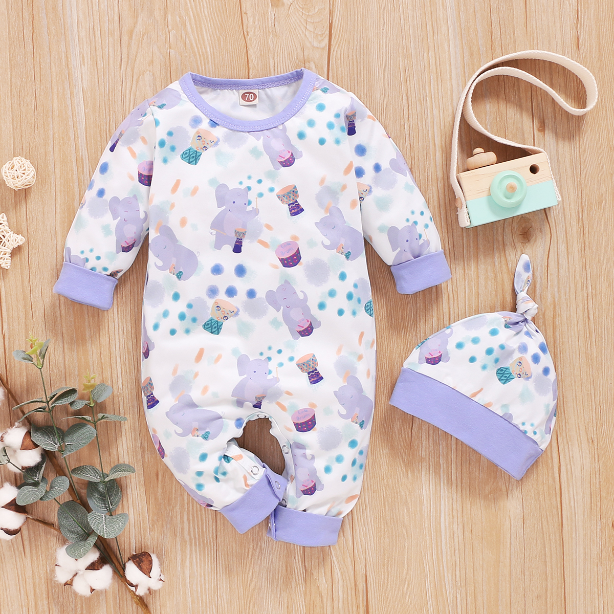 

2-piece Baby Elephant Allover Jumpsuit with Hat
