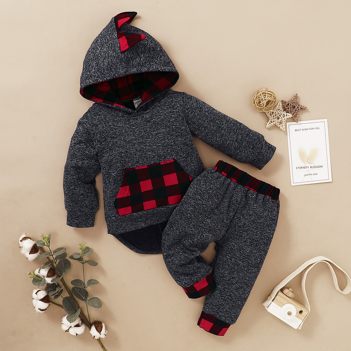 

2pcs Baby Boy Long-sleeve Hooded Street style Plaid Baby's Sets