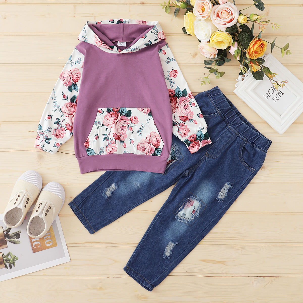 

Toddler Girl Floral Hooded Sweatshirt and Denim Pants Set