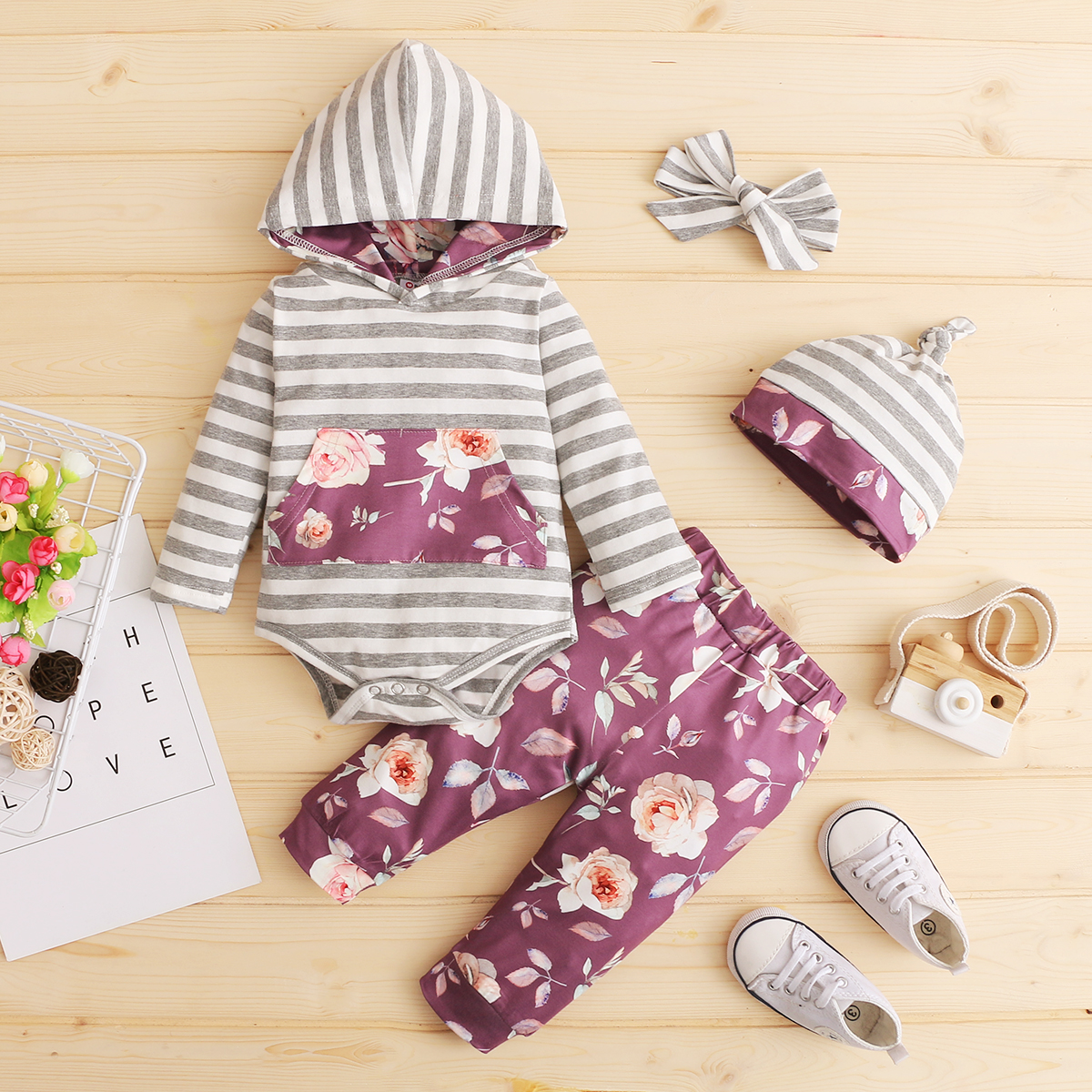 

4pcs Baby Unisex casual Stripes Baby's Sets Hooded Romper Cotton Fashion Long Sleeve Infant Clothing Outfits