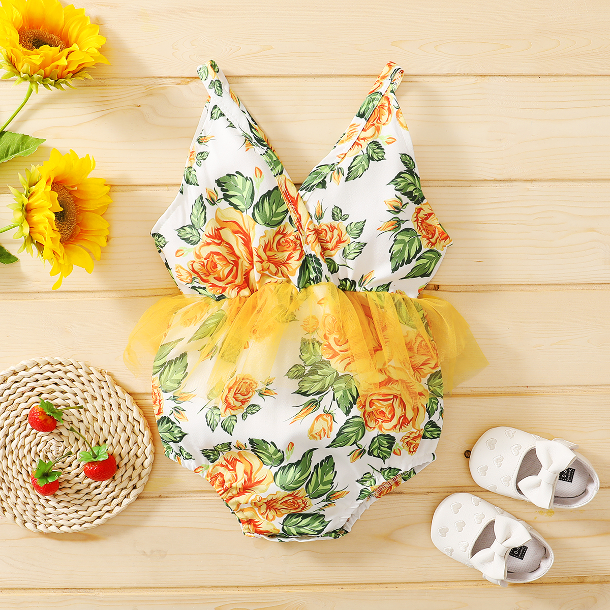 

Floral Print Mesh Decor Sleeveless Yellow Baby Romper