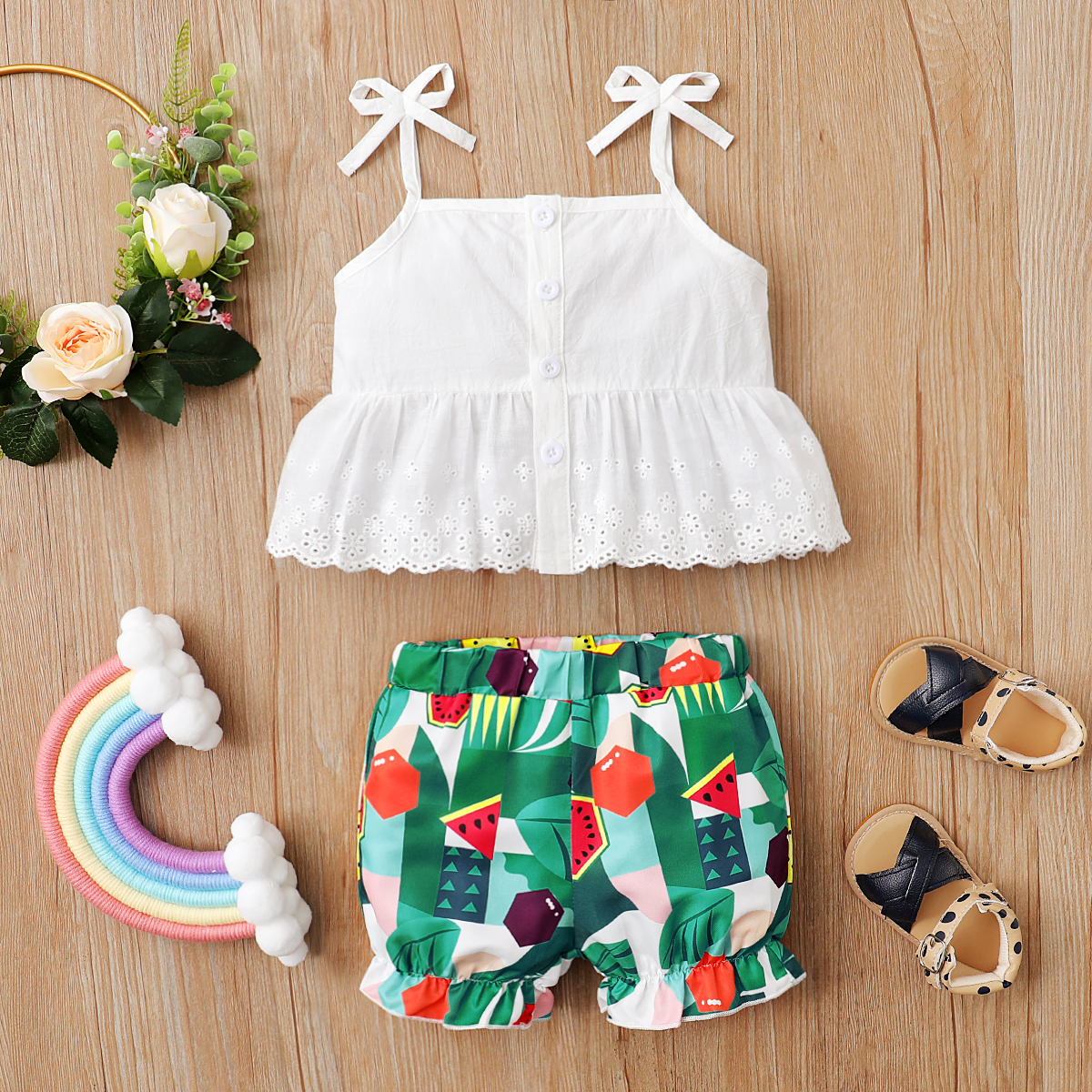 

2pcs Baby Girl Sweet Lace Top and Watermelon Shorts Sets