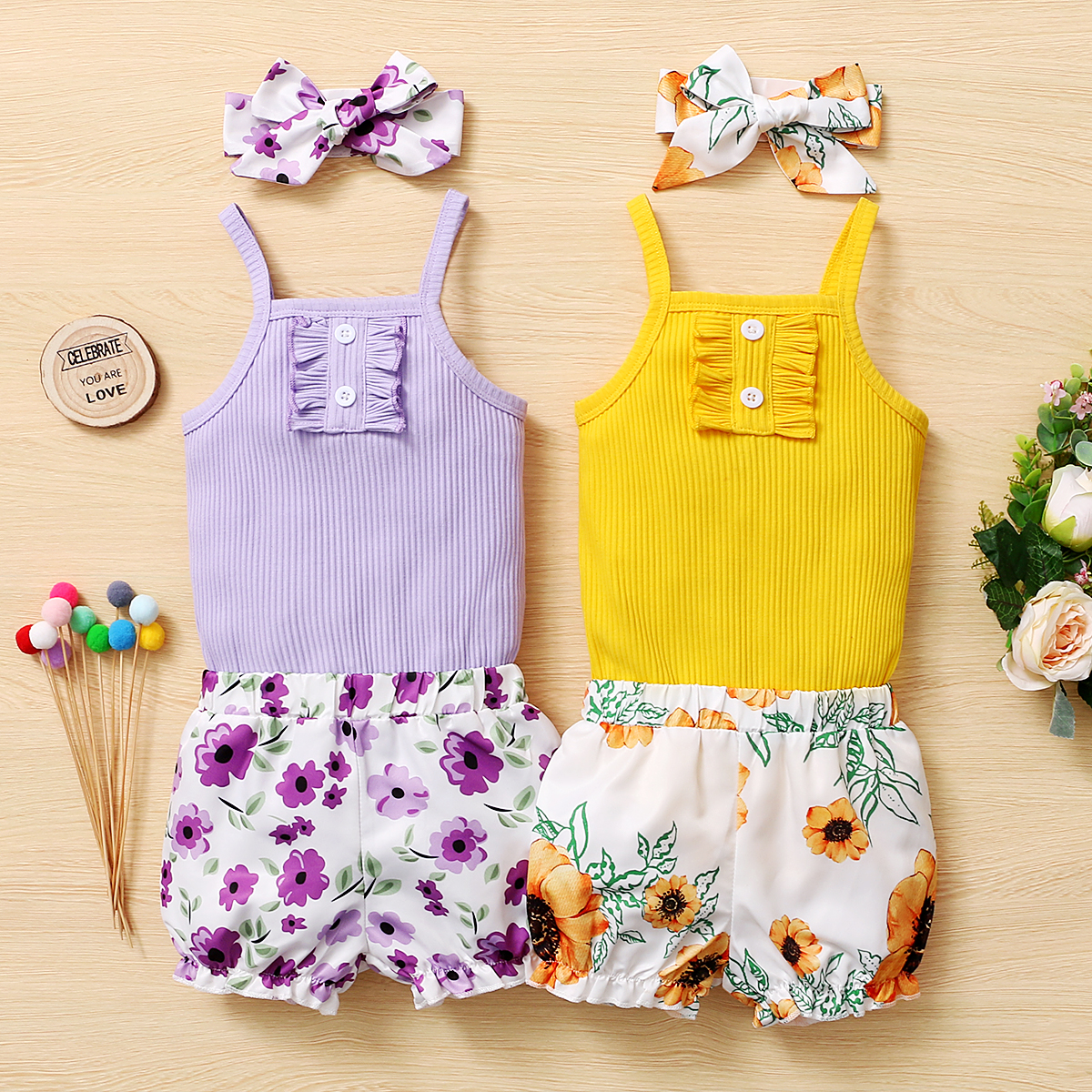 

3pcs Baby Girl Sweet Solid Top and Floral Shorts Set with Headband
