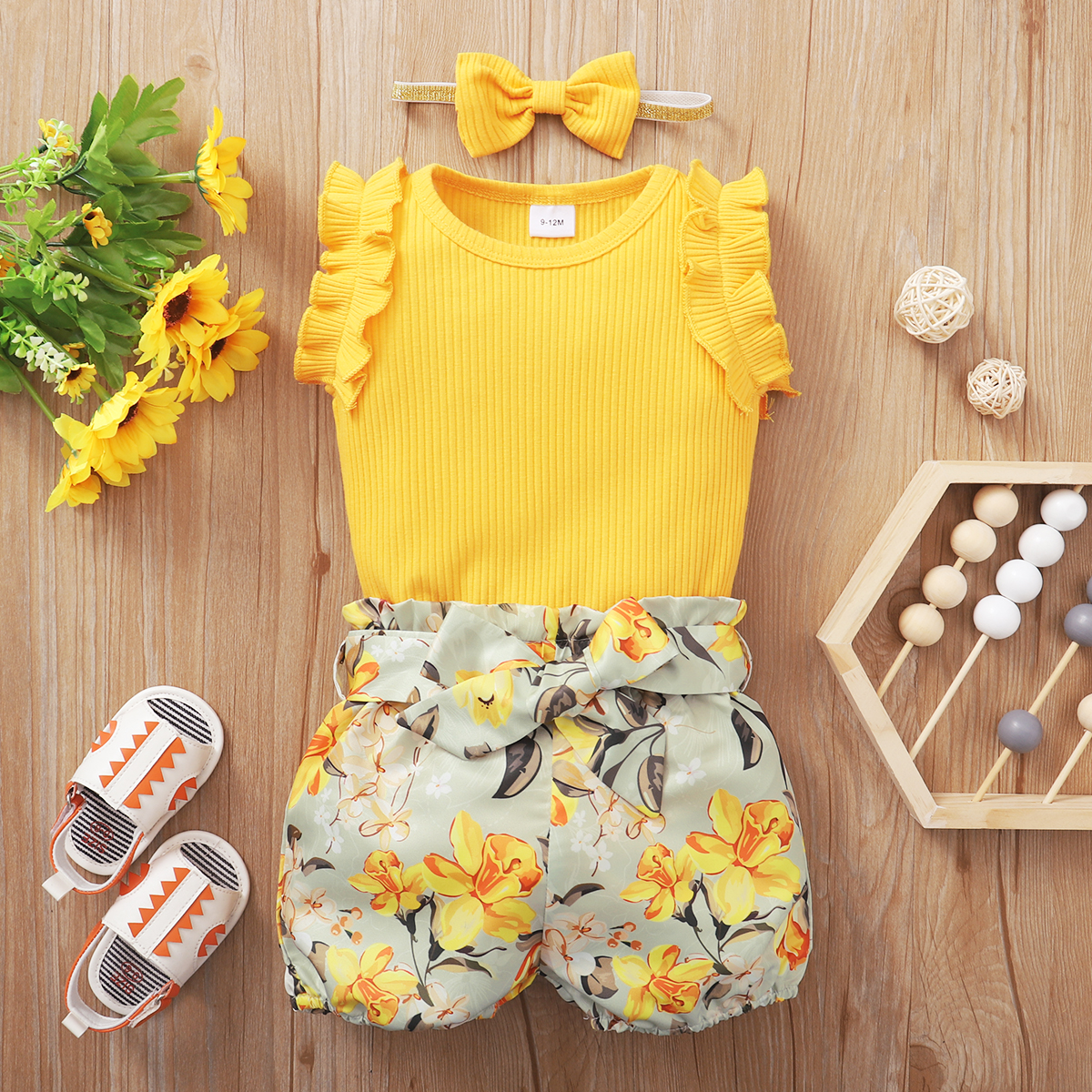 

3pcs Ribbed Floral Print Sleeveless Baby Sets