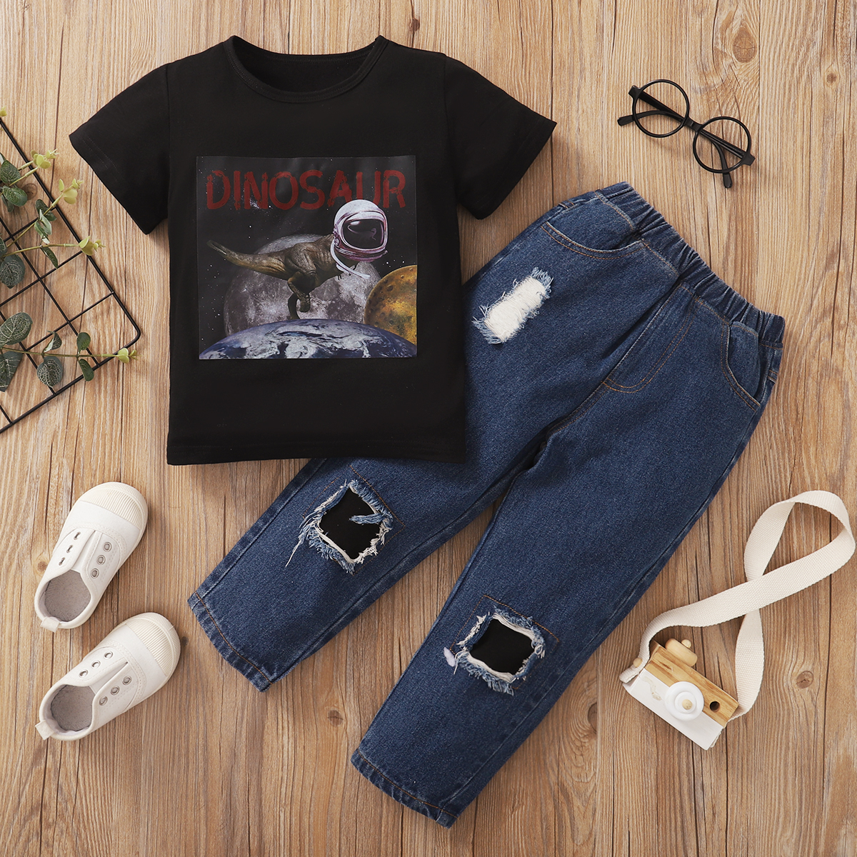 

Trendy Toddler Boy Dinosaur Top And Jeans