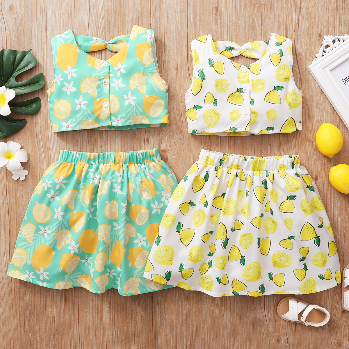 

Trendy Kid Girl Lemon Fruit Print 2pcs Top Skirt Suits