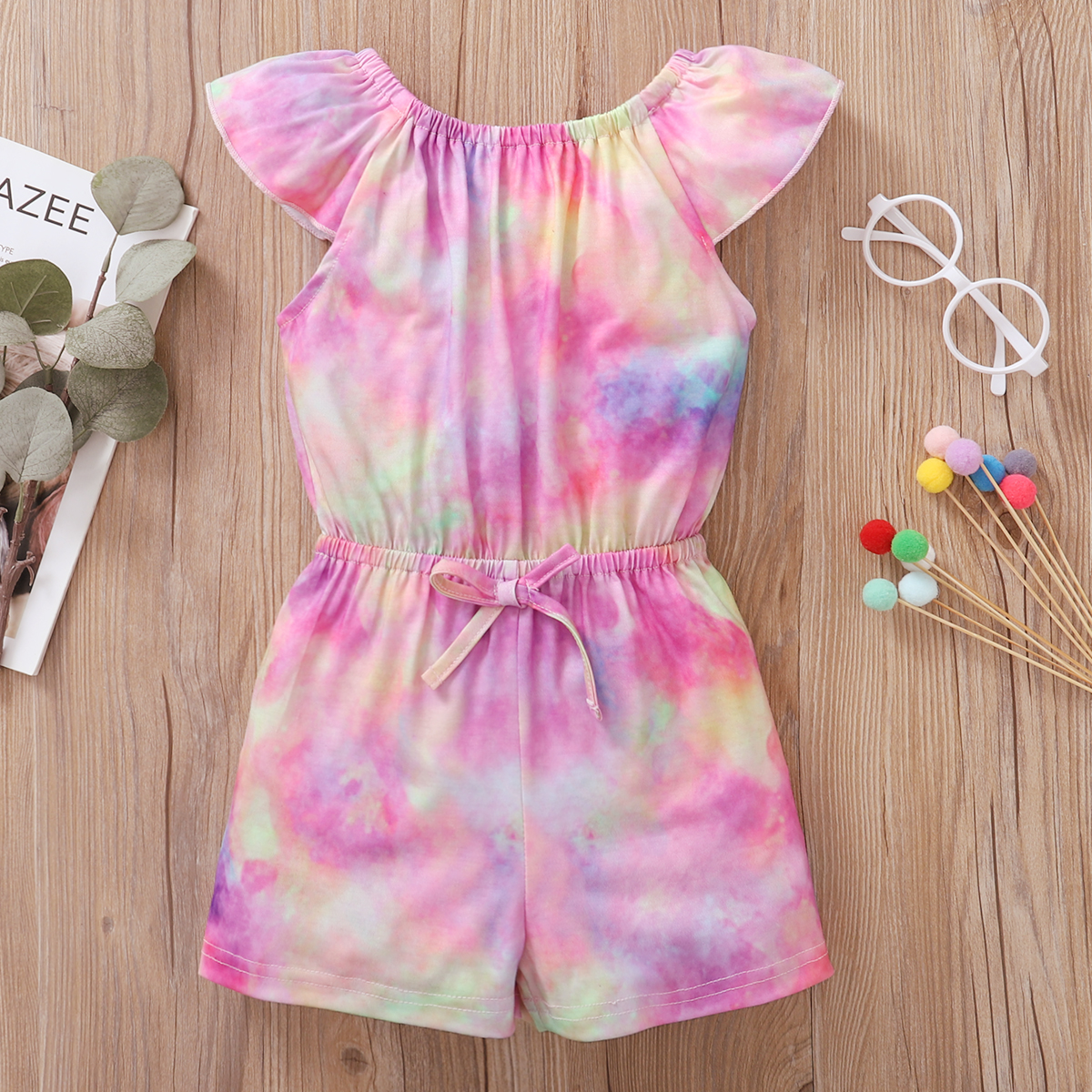 

Toddler Girl Bowknot Tie Dyed Print Jumpsuits