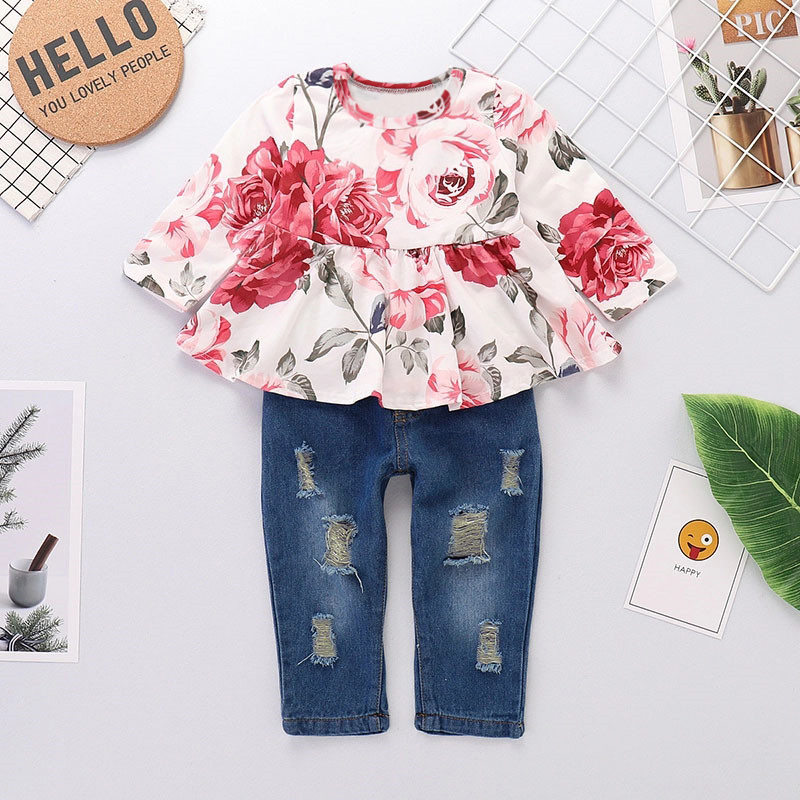 

2pcs Floral Print Ruffle Decor Long-sleeve Baby Set