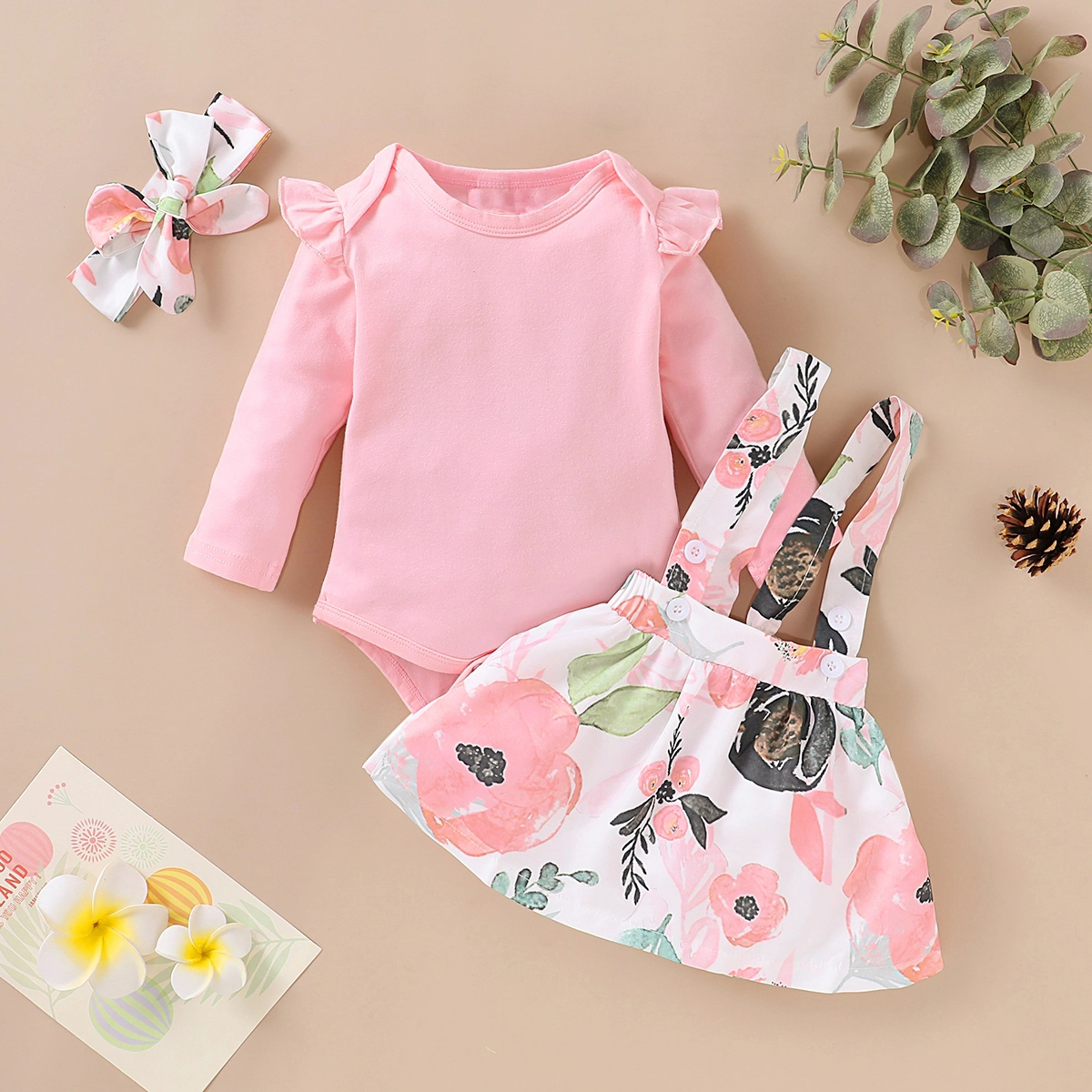 

3pcs Floral Print Ruffle Decor Long-sleeve Pink Baby Set