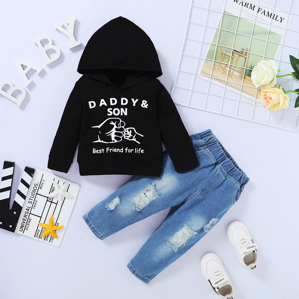 

2pcs Baby Boy Long-sleeve Cotton Hooded Street style Letter Baby's Sets