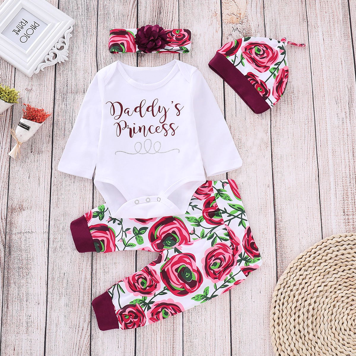 

4-piece Letter Bodysuit Rose Print Pants Hat and Headband for Baby Girl
