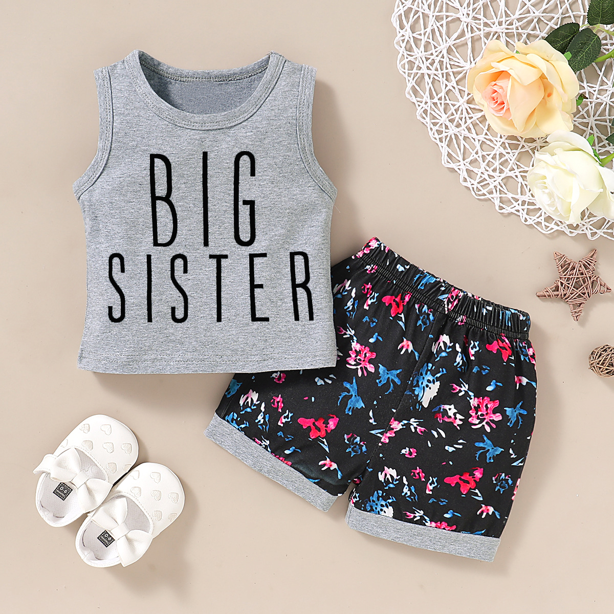 

Letter Print Tank and Allover Shorts Set