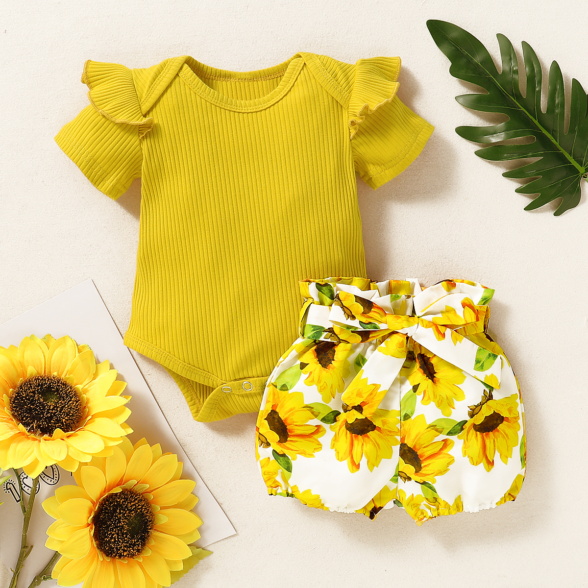 

2pcs Baby's Clothing Floral Solid Cotton Romper Baby's Sets