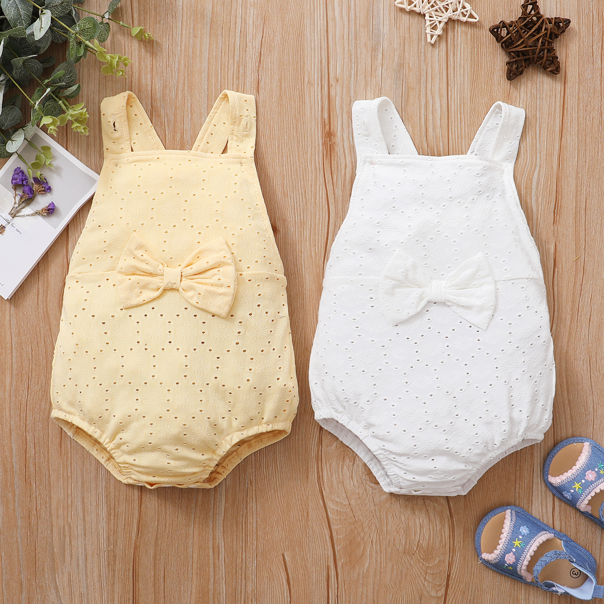 

1pc Baby Girl Sleeveless Solid Bowknot Decor Romper