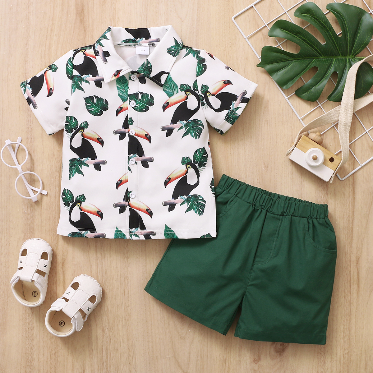 

Toddler Boy Bird Leaves Print Short-sleeve Shirt And Shorts