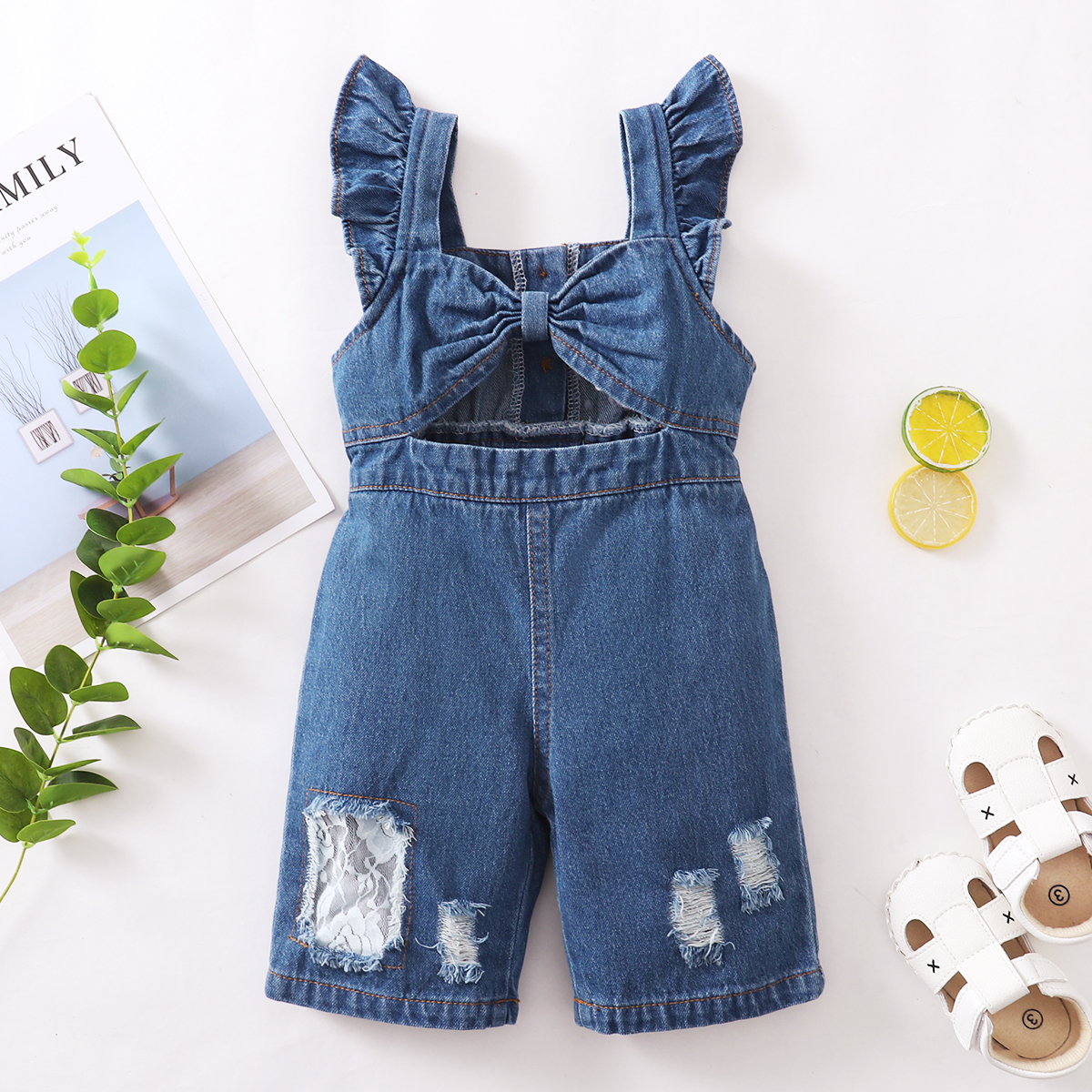 

Flutter-sleeve Navy Baby Denim Jumpsuit