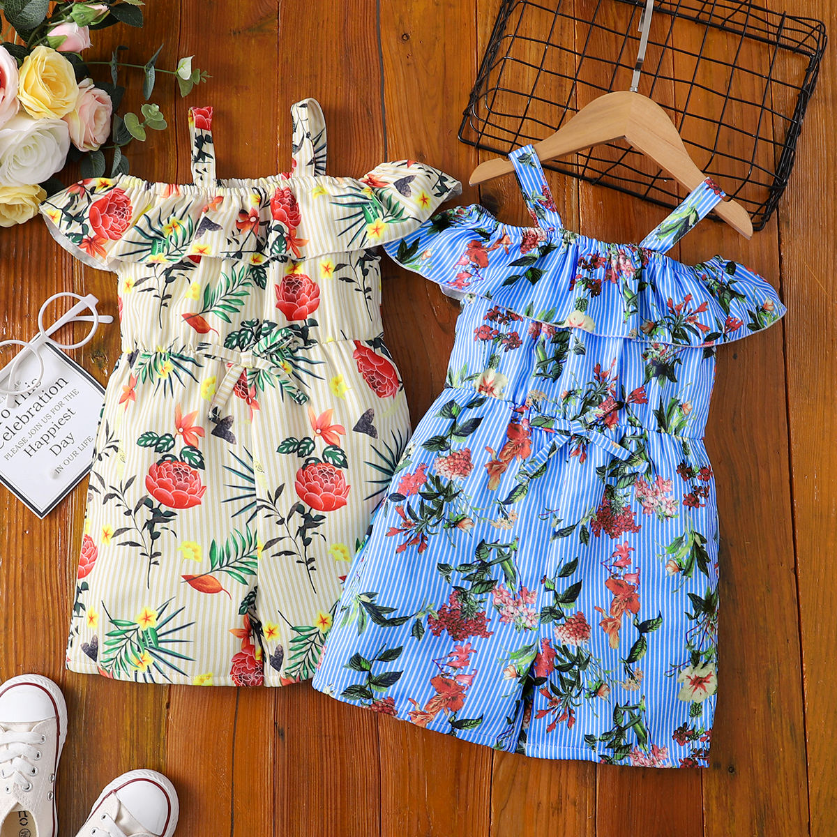 

Beautiful Toddler Girl Floral Print Off-Shoulder Rompers