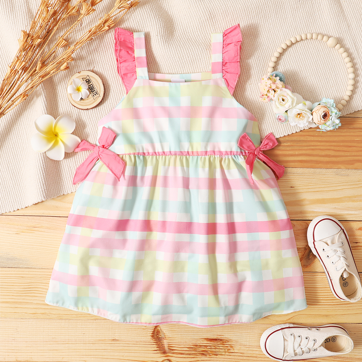 

1pc Baby Girl Sleeveless Stripe Print Bowknot Dress