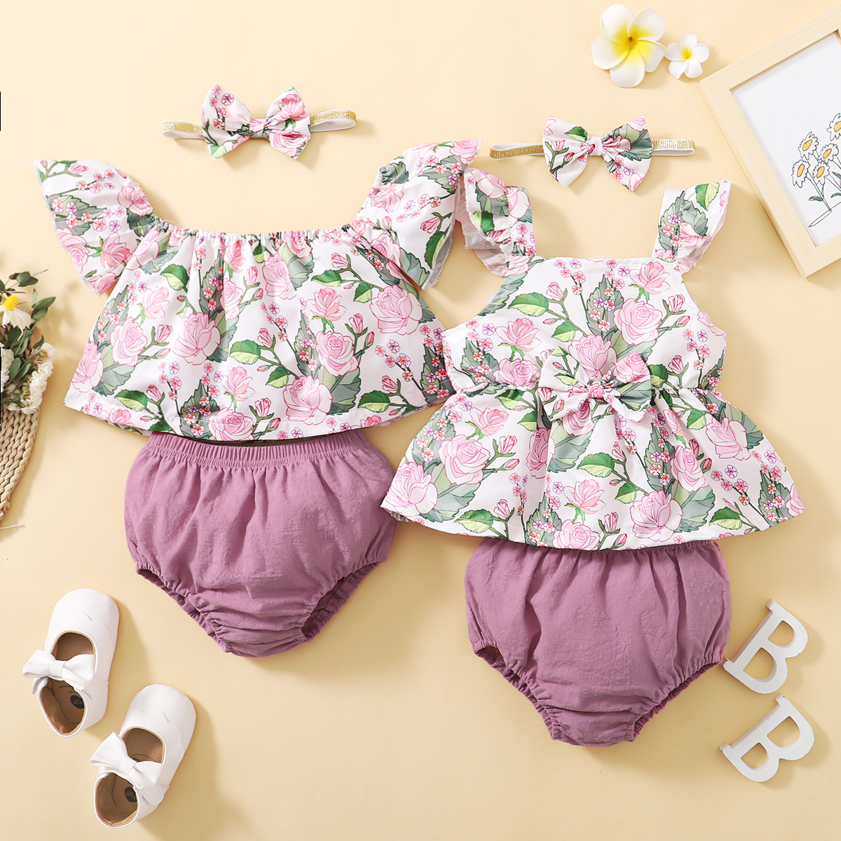 

3pcs Floral Print Flutter-sleeve Siblings Matching Sets