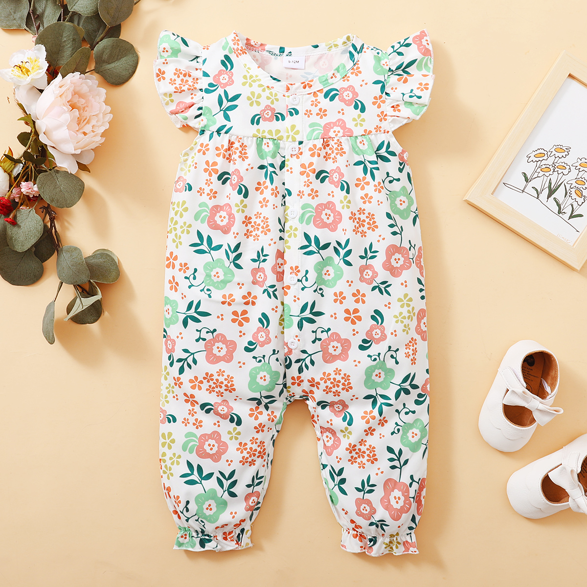 

Floral Print Flutter-sleeve Baby Jumpsuit