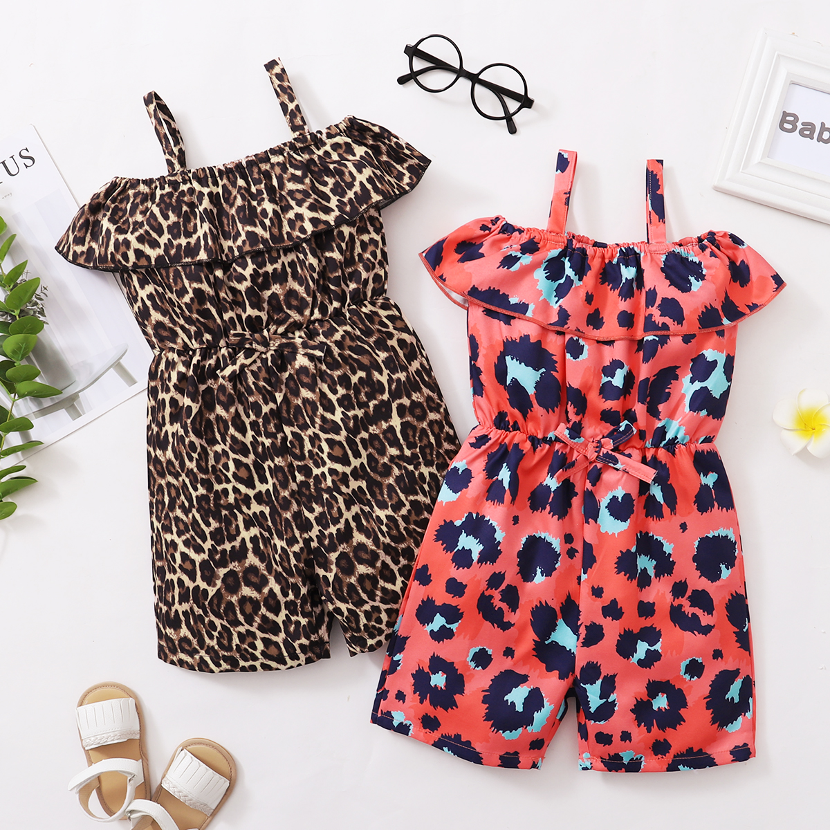 

Toddler Girl Leopard Ruffled Off Shoulder Rompers