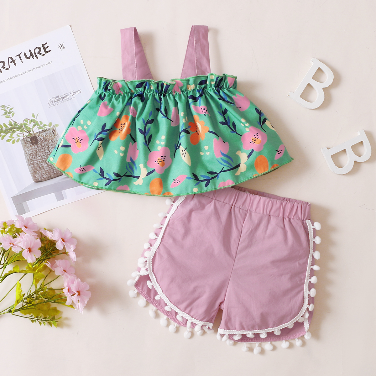 

2pcs Floral Print Tasseled Color Block Sleeveless Baby Set
