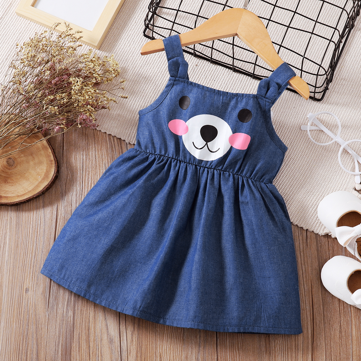 

1pc Denim Bear Print Sleeveless Baby Dress