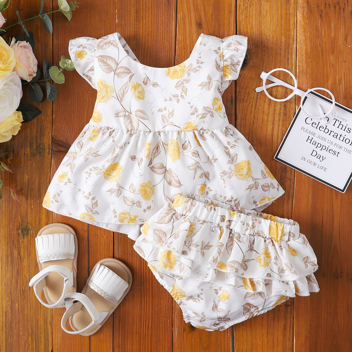 

2-piece Baby Girl Floral Leaf Print Bow Decor Backless Ruffled Top and Shorts Set