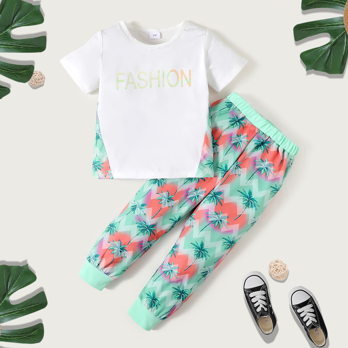

2-piece Toddler Girl Letter Color Block Tee and Tree Print Pants Athleisure Set